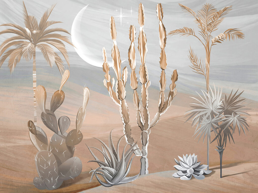 Wüstenlandschaft mit Kakteen und Palmen Wüstenlandschaft mit Kakteen und Palmen