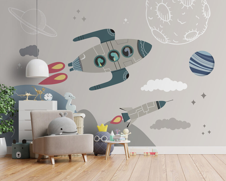 Cartoon-Raketenschiff und Raketen am Himmel