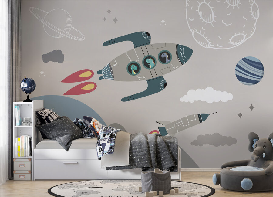 Cartoon-Raketenschiff und Raketen am Himmel