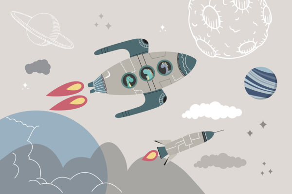 Cartoon-Raketenschiff und Raketen am Himmel Cartoon-Raketenschiff und Raketen am Himmel