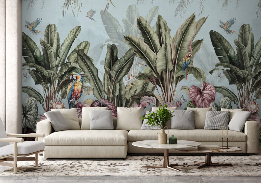 u96259pig2 1024x718 - Tapete mit tropischen Pflanzen und Vögeln - tegory