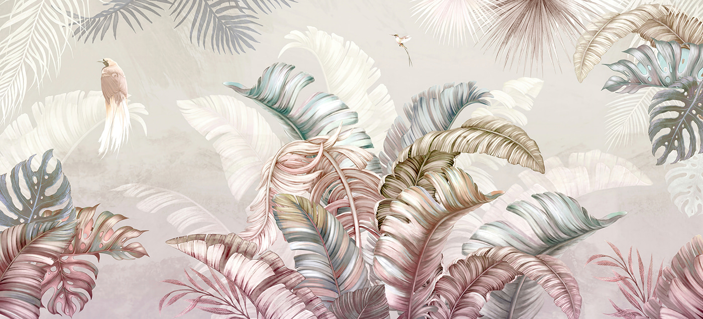 Tropical foliage with delicate birds