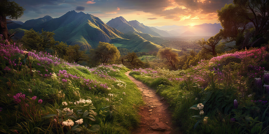 Weg durch eine Wiese mit Blumen und Bergen im Hintergrund Weg durch eine Wiese mit Blumen und Bergen im Hintergrund