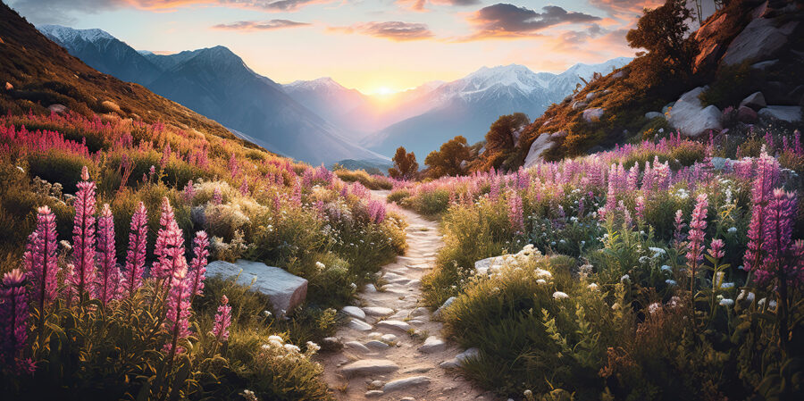 Weg durch einen Berg mit Blumen