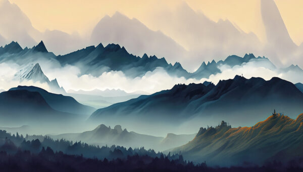 Landschaft mit Bergen und Nebel Landschaft mit Bergen und Nebel