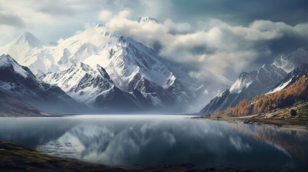 See mit schneebedeckten Bergen und Wolken See mit schneebedeckten Bergen und Wolken