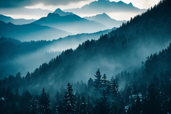 Bergkette mit Bäumen und Nebel Bergkette mit Bäumen und Nebel