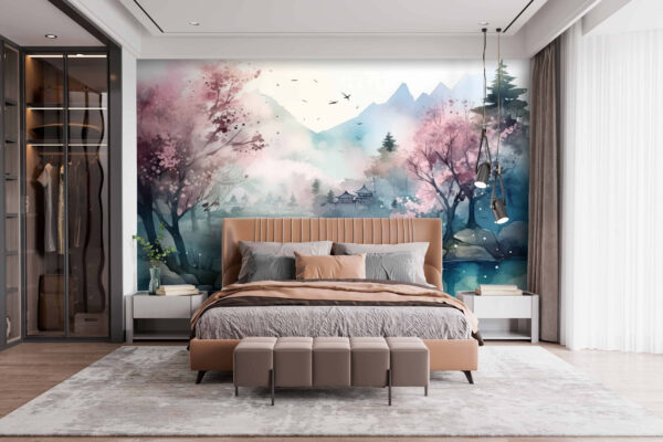 Aquarellmalerei eines Sees mit Bäumen und Bergen Aquarellmalerei eines Sees mit Bäumen und Bergen