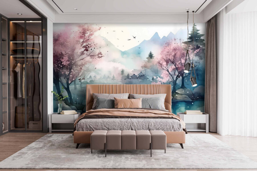 Aquarellmalerei eines Sees mit Bäumen und Bergen