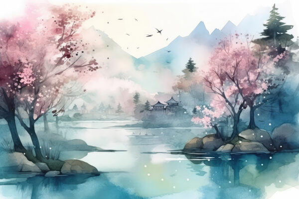 Aquarellmalerei eines Sees mit Bäumen und Bergen Aquarellmalerei eines Sees mit Bäumen und Bergen
