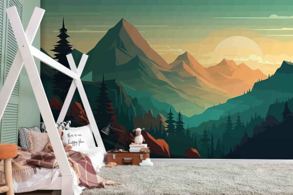 Eine Landschaft mit Bergen und Bäumen Eine Landschaft mit Bergen und Bäumen
