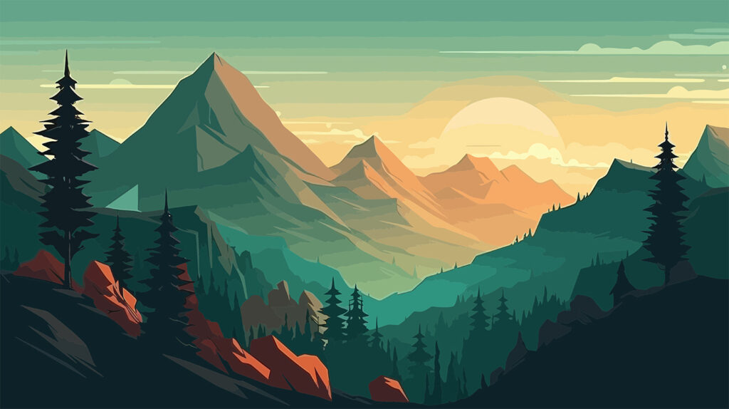 Eine Landschaft mit Bergen und Bäumen Eine Landschaft mit Bergen und Bäumen