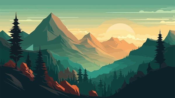 Eine Landschaft mit Bergen und Bäumen Eine Landschaft mit Bergen und Bäumen