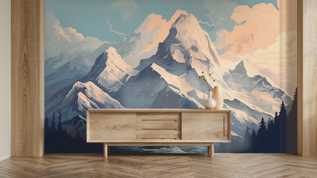 Mountain range with trees and clouds