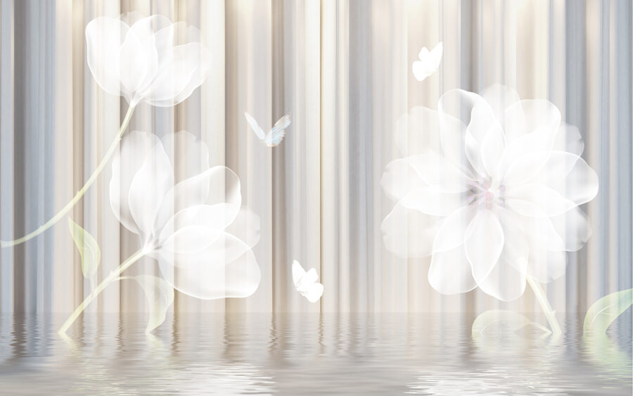 Weiße Blumen und Schmetterlinge in einem Raum