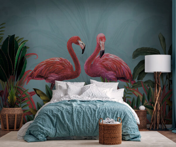 Zwei rosa Flamingos und grüne Blätter Zwei rosa Flamingos und grüne Blätter