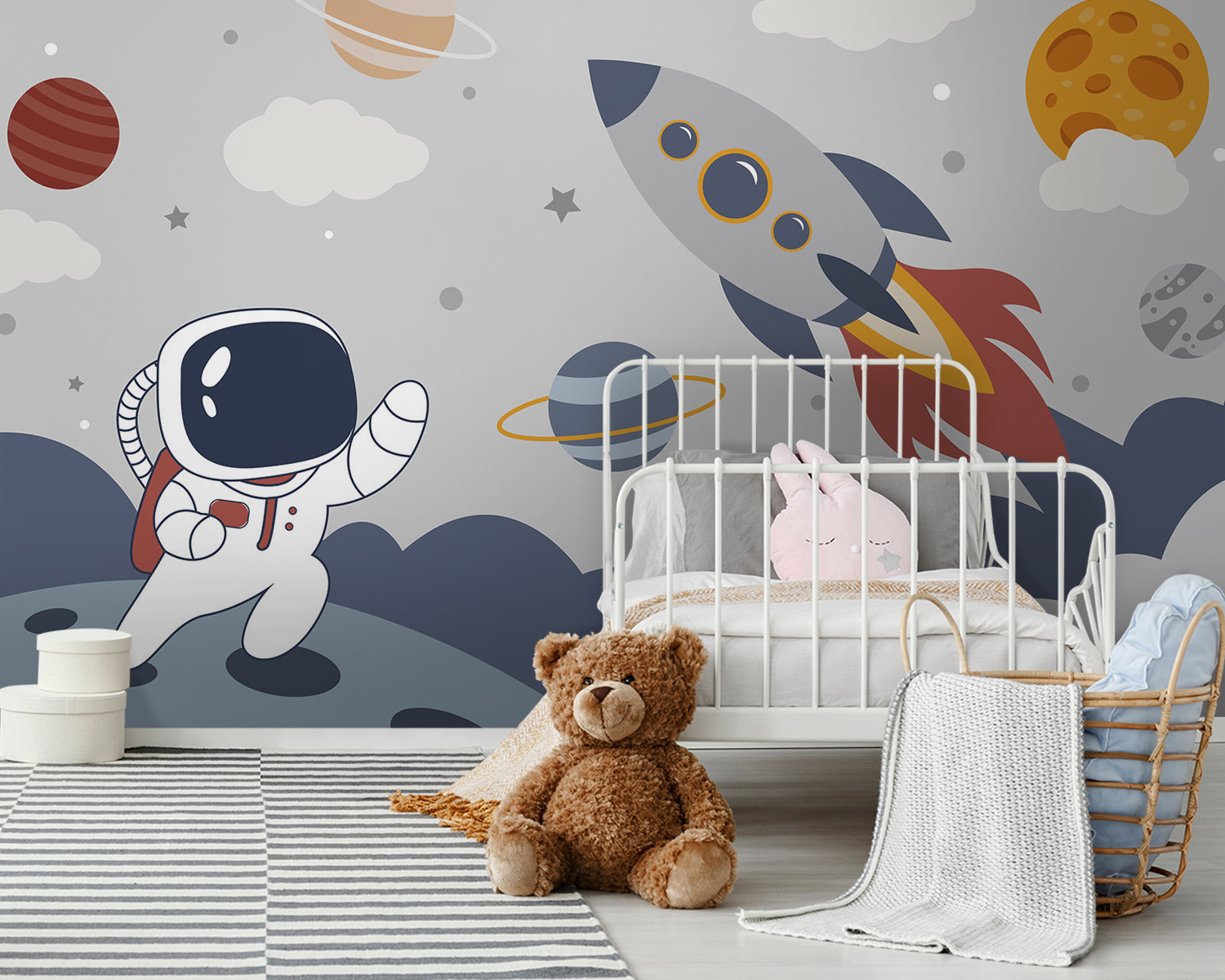 Cartoon an astronaut walking on a planet with a rocket in the sky