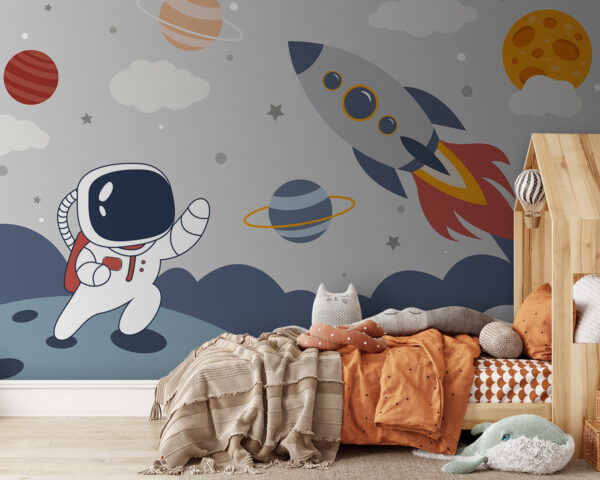 Cartoon eines Astronauten auf einem Planeten mit einer Rakete am Himmel Cartoon eines Astronauten auf einem Planeten mit einer Rakete am Himmel