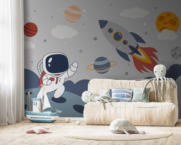 Cartoon eines Astronauten auf einem Planeten mit einer Rakete am Himmel Cartoon eines Astronauten auf einem Planeten mit einer Rakete am Himmel