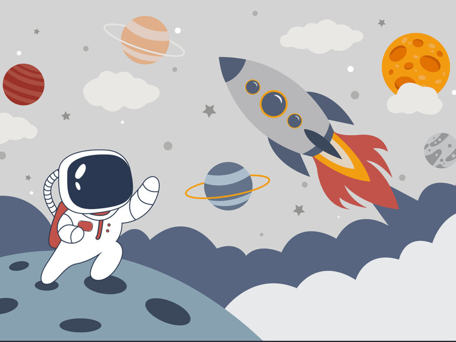 Cartoon eines Astronauten auf einem Planeten mit einer Rakete am Himmel Cartoon eines Astronauten auf einem Planeten mit einer Rakete am Himmel