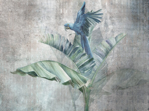 Blauer Papagei auf einem Bananenblatt Blauer Papagei auf einem Bananenblatt