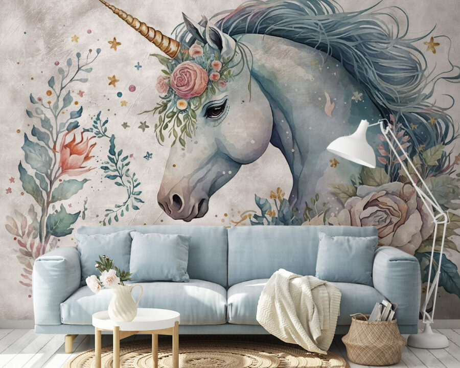 Einhorn mit Blumen und Blättern