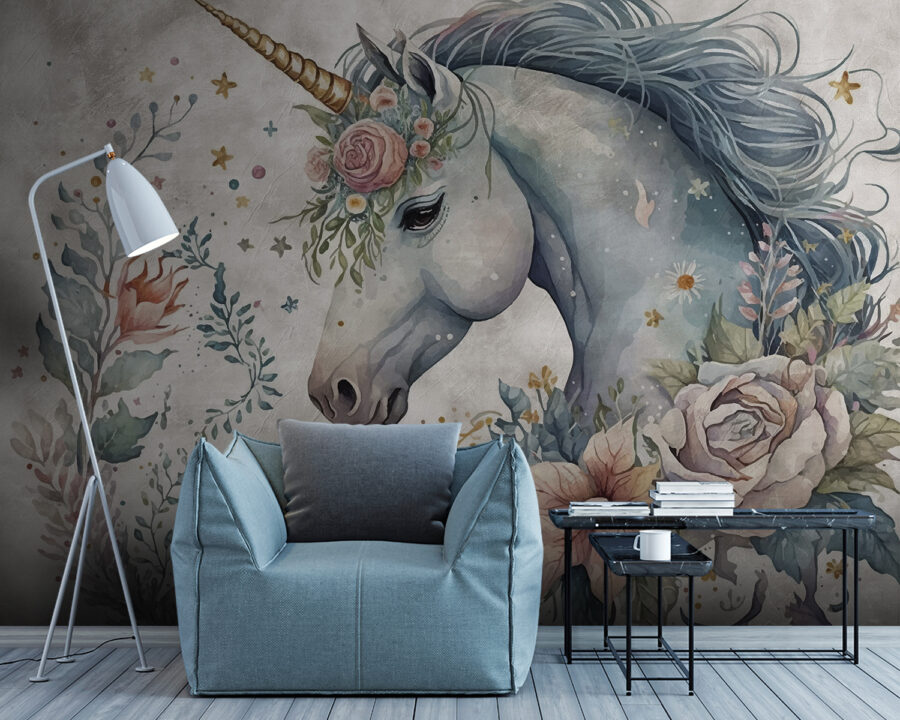 Einhorn mit Blumen und Blättern