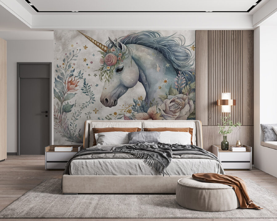 Einhorn mit Blumen und Blättern