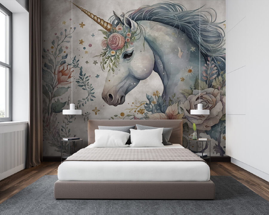 Einhorn mit Blumen und Blättern