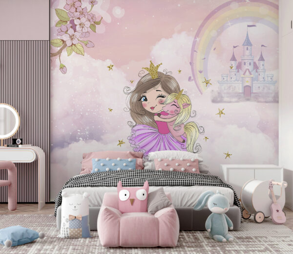 Cartoon eines Mädchens, das ein kleines Mädchen in einem rosa Kleid umarmt Cartoon eines Mädchens, das ein kleines Mädchen in einem rosa Kleid umarmt