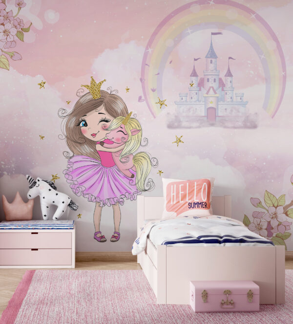 Cartoon eines Mädchens, das ein kleines Mädchen in einem rosa Kleid umarmt Cartoon eines Mädchens, das ein kleines Mädchen in einem rosa Kleid umarmt