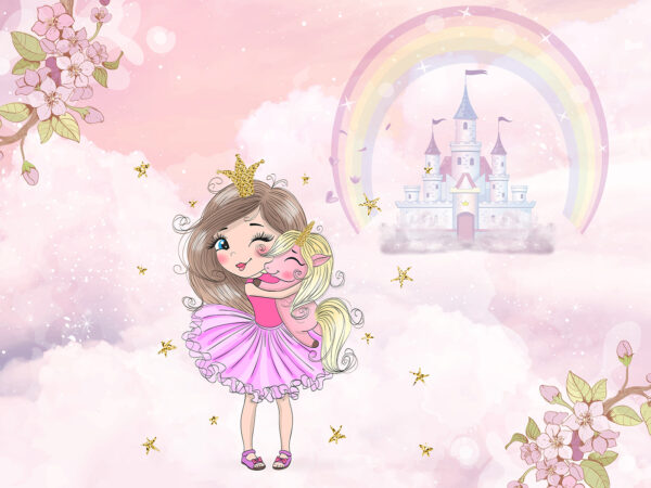 Cartoon eines Mädchens, das ein kleines Mädchen in einem rosa Kleid umarmt Cartoon eines Mädchens, das ein kleines Mädchen in einem rosa Kleid umarmt