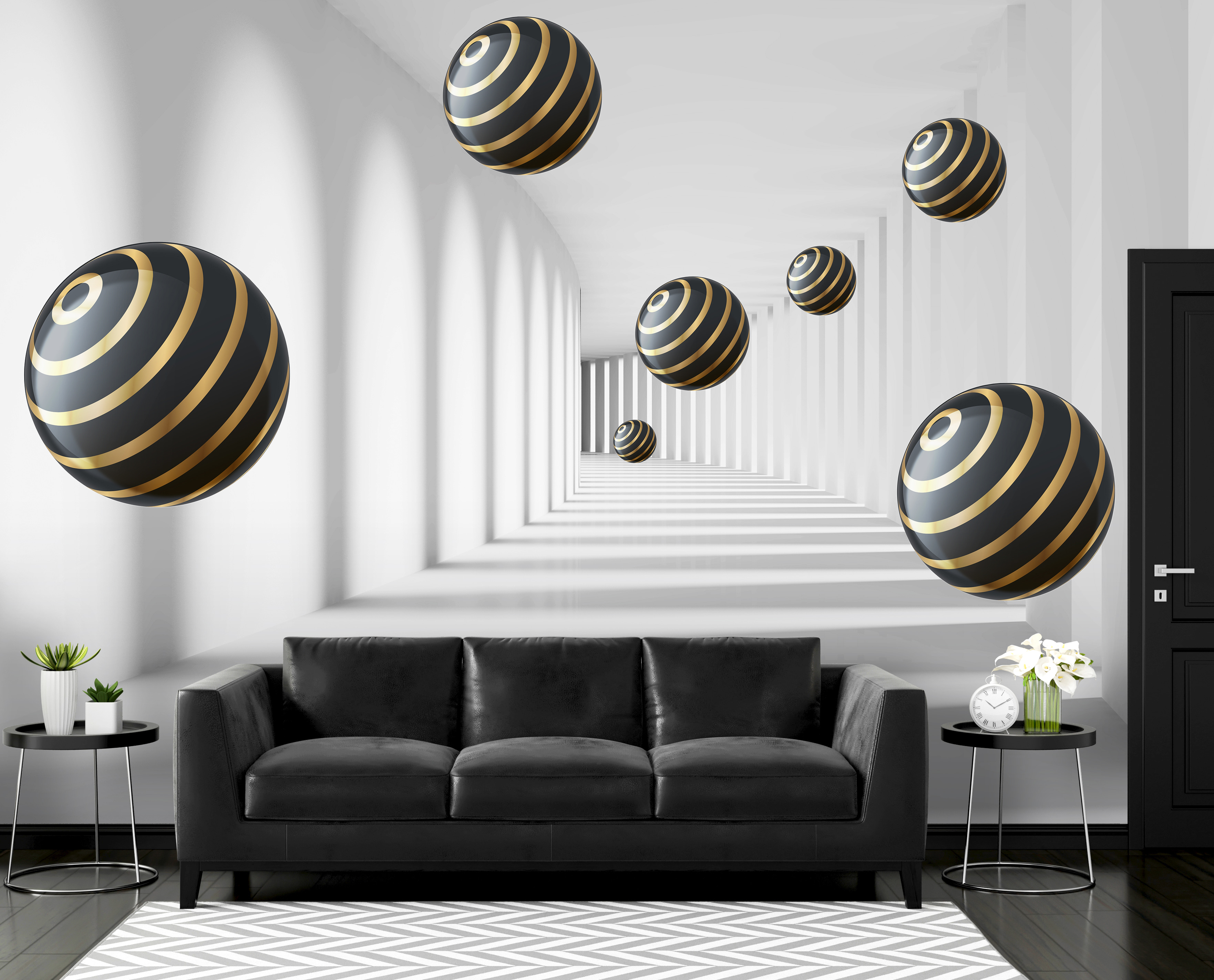 Striped spheres float in white corridor Striped spheres float in white corridor