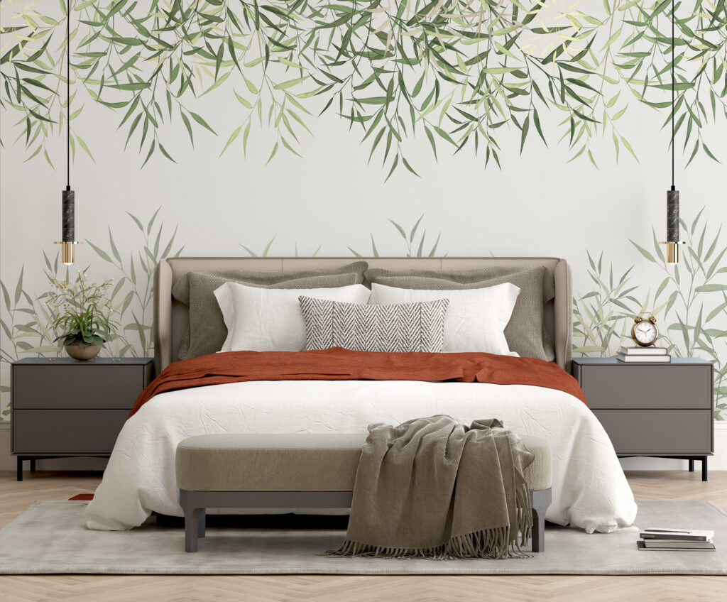 Delicate bamboo leaves on soft background