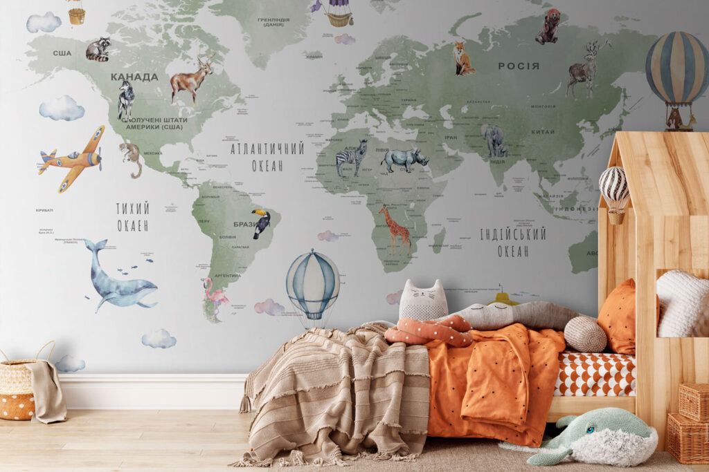 Map of the world with animals and words