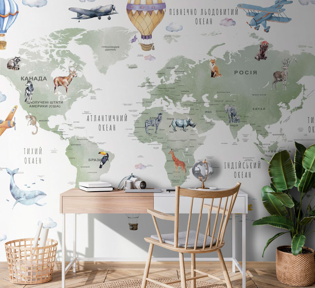 Map of the world with animals and words