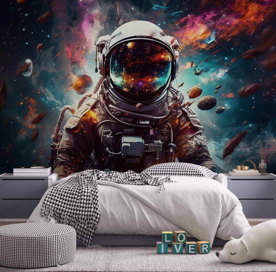 Ein Astronaut im Weltraum mit einem großen Helm Ein Astronaut im Weltraum mit einem großen Helm