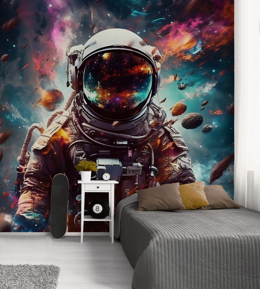 Ein Astronaut im Weltraum mit einem großen Helm Ein Astronaut im Weltraum mit einem großen Helm