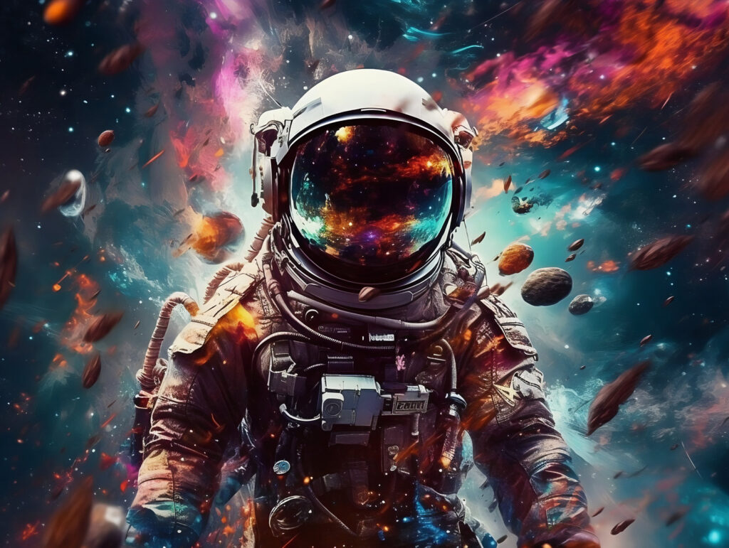 Ein Astronaut im Weltraum mit einem großen Helm Ein Astronaut im Weltraum mit einem großen Helm