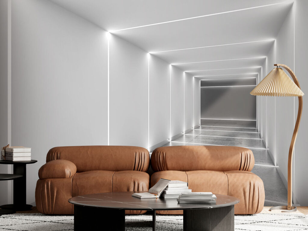 White hallway with lights