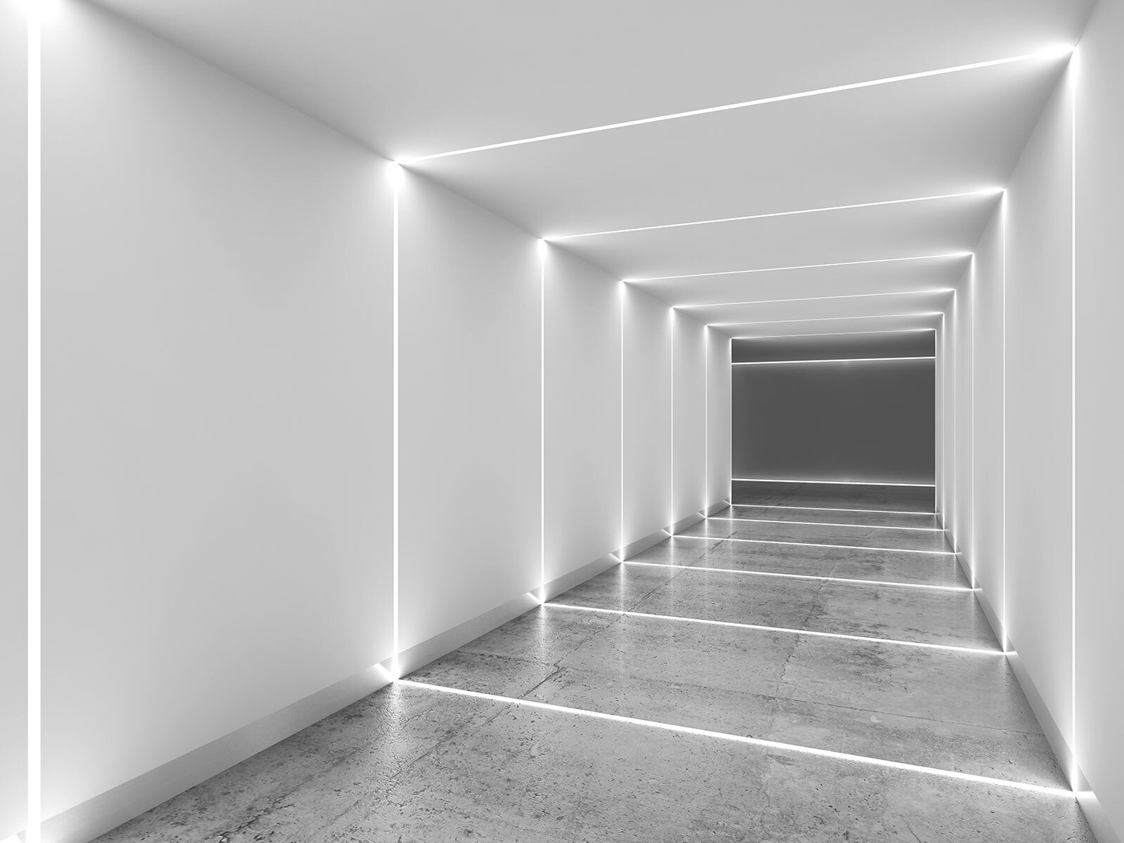 White hallway with lights