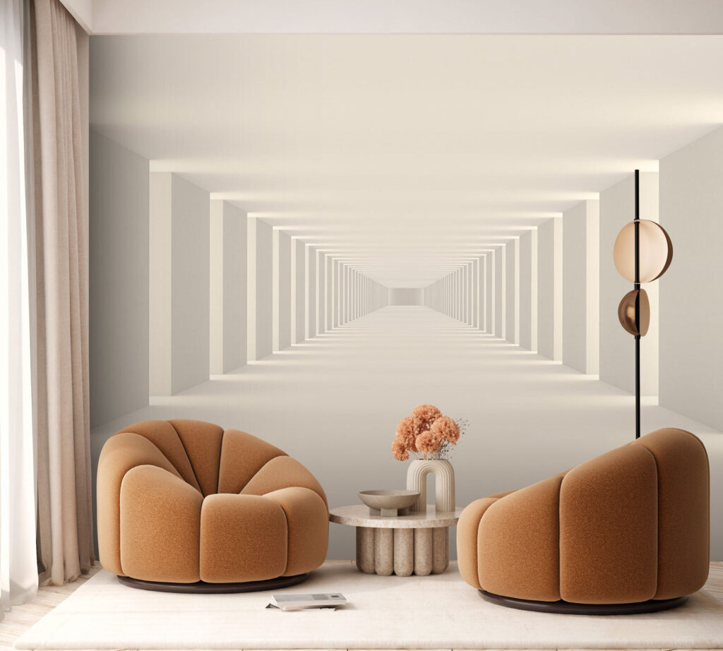 Long white room with columns