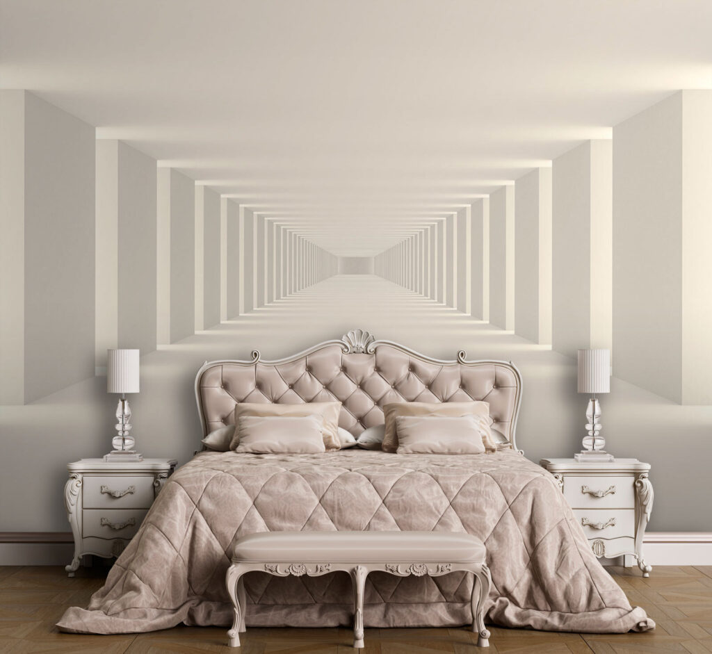 Long white room with columns