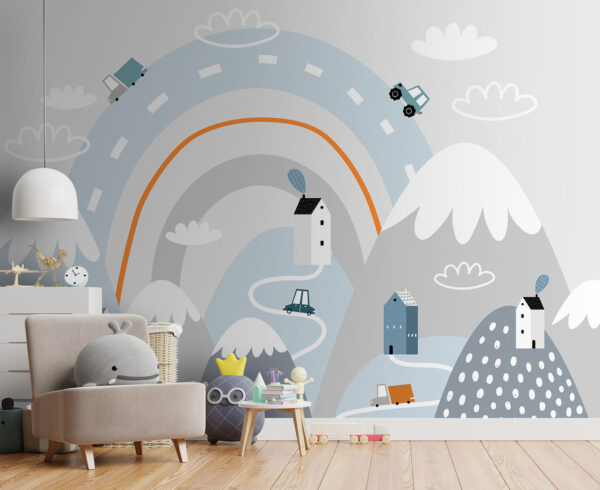 Cartoon einer Straße mit Häusern und Regenbogen Cartoon einer Straße mit Häusern und Regenbogen