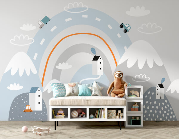 Cartoon einer Straße mit Häusern und Regenbogen Cartoon einer Straße mit Häusern und Regenbogen