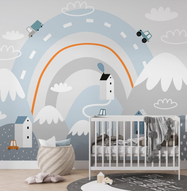 Cartoon einer Straße mit Häusern und Regenbogen Cartoon einer Straße mit Häusern und Regenbogen