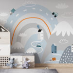 Fototapeten Cartoon einer Straße mit Häusern und Regenbogen