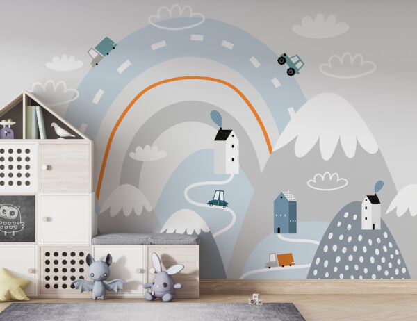 Cartoon einer Straße mit Häusern und Regenbogen Cartoon einer Straße mit Häusern und Regenbogen
