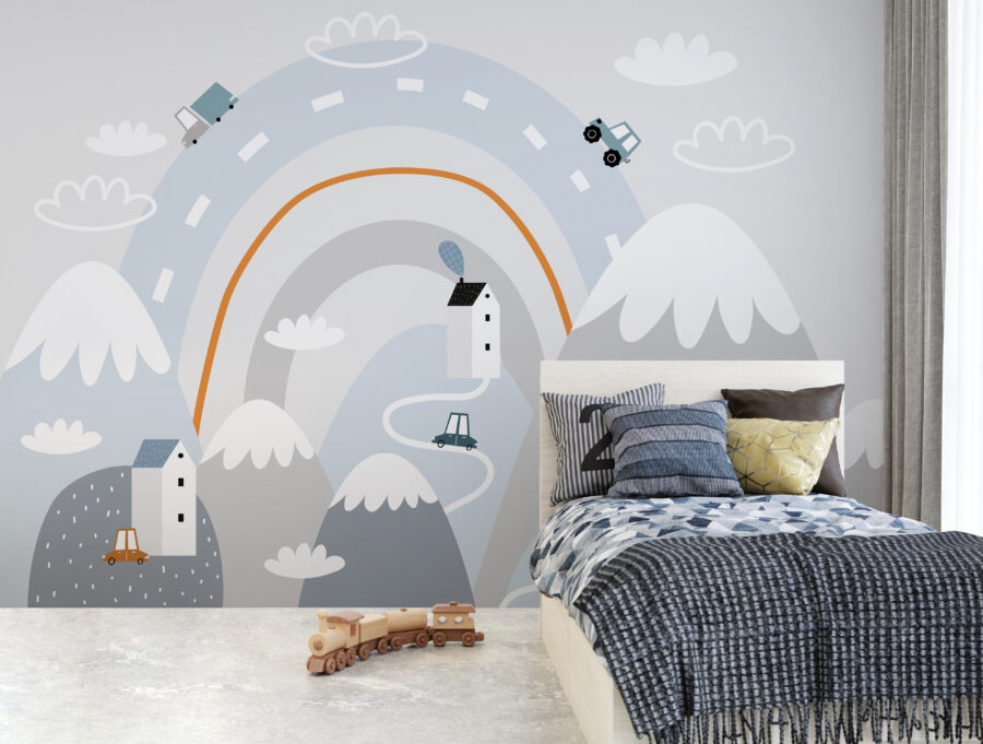 Cartoon einer Straße mit Häusern und Regenbogen