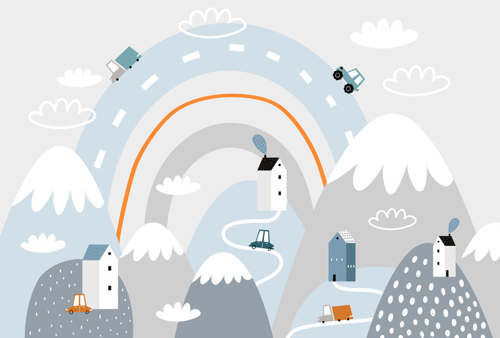 Cartoon einer Straße mit Häusern und Regenbogen Cartoon einer Straße mit Häusern und Regenbogen